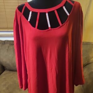 Chic Red Women's Blouse with Shoulder Sequined Cut-Outs & Qtr Sleeves Sz 2X